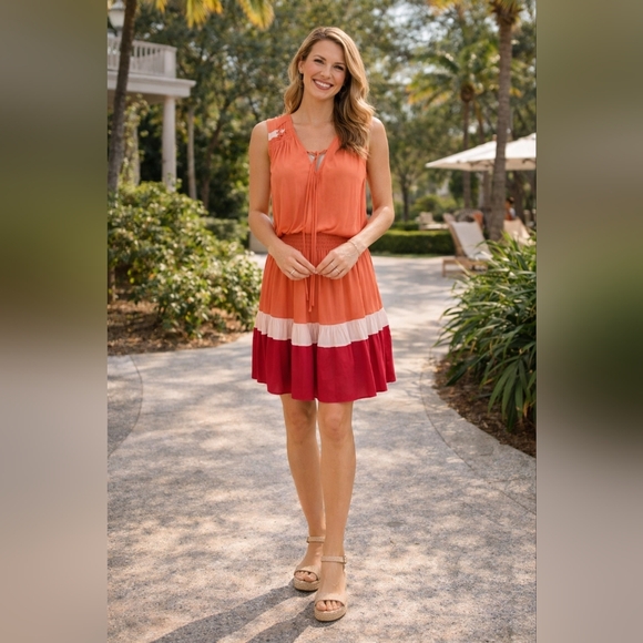 Ramy Brook Dresses & Skirts - Ramy Brook Smocked Waist Mini Dress Medium Colorblock Orange Pink Summer Resort